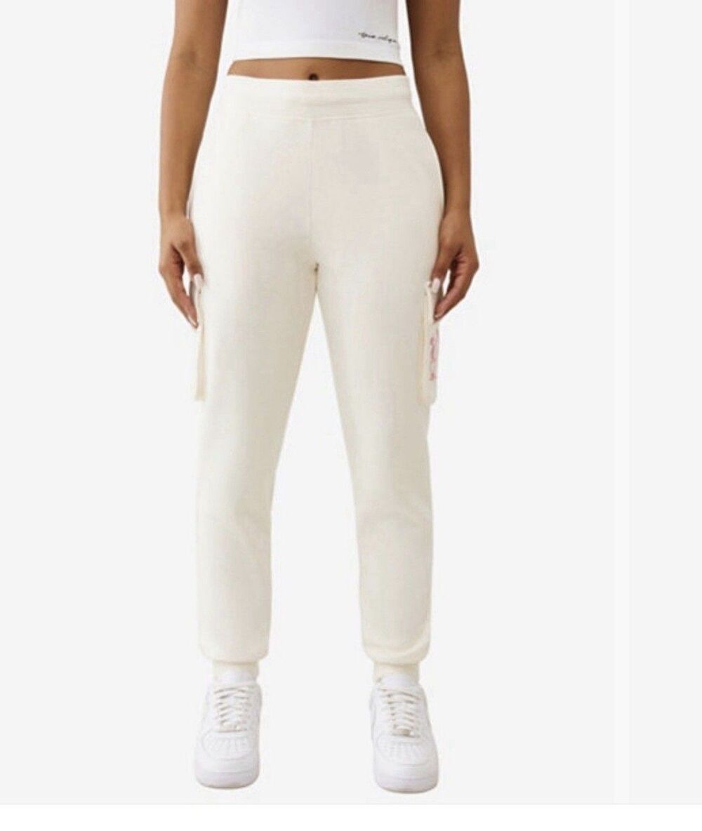 NEW True Religion Buddha Women’s Fold Over Jogger Sweatpants Glitter Logo #L